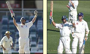 England captain Nasser Hussain celebrates his century stand 