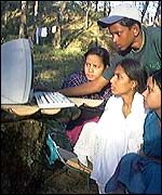 People using a computer in the field