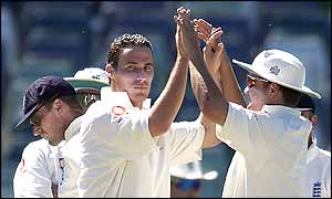 Simon Jones is congratulated after taking five wickets against Western Australia 