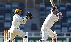 Robert Key needs a six from the final ball to win the match for England, but he can only get a single 