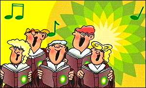 Cartoon singers with BP logo as backdrop