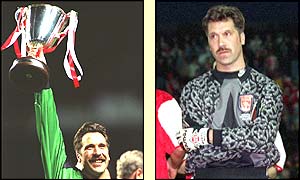 Seaman has a short back and sides whilst celebrating winning the European Cup Winners' Cup in 1994 and in defeat the year after