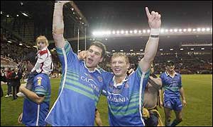 Peter Shiels (left) and Sean Long of St Helens celebrate victory after the Super League Grand Final 