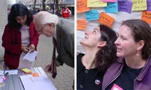 People signing the banner