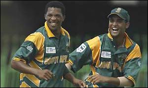 Makhaya Ntini and Robin Petersen in action for South Africa