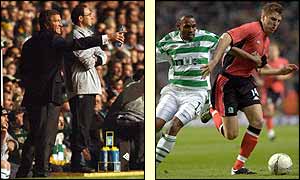 Blackburn boss Graeme Souness and Celtic manager Martin O'Neill watch the first half unfold as Celtic's Didier Agathe tussles with Blackburn's Nils Johansson