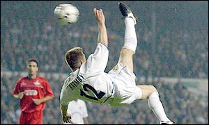 Nick Barmby connects with spectacular volley but is denied by the woodwork