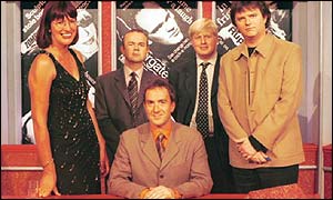 (From left) Janet Street-Porter, Ian Hislop, Angus Deayton, Boris Johnson and Paul Merton, in 2001