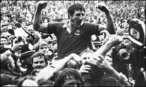 Llanelli skipper Delme Thomas is carried shoulder-high from Stradey Park after the famous 1972 win over the All Blacks