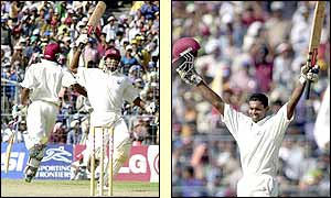 Shivnarine Chanderpaul celebrates the sixth Test century of his career and first on foreign soil