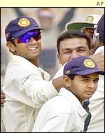 India celebrate the dismissal of Chanderpaul