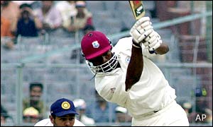 Marlon Samuels drives a ball to the boundary in Calcutta