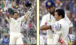 Indian master batsmen Sachin Tendulkar celebrates his century