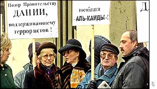 Protesters outside the Danish embassy in Moscow