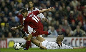 Michael Owen scores his first goal against West Ham