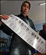 A woman holds a long ballot list