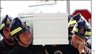 Firefighters weep as they carry a coffin during the funeral procession