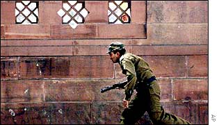 A policeman at the parliament in Delhi during an attack