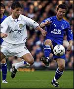 Tomasz radzinski holds off Leeds' Harry Kewell