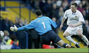 Leeds' Nick Barmby goes close to scoring