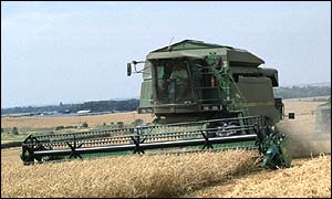A combine harvester on a UK farm