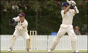 Michael Vaughan of England hits out on the way to his hundred