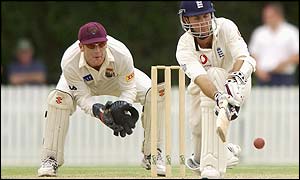 Michael Vaughan sweeps the ball to leg