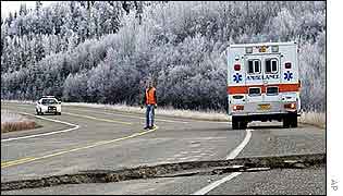 Crack near Healy, Alaska, caused by quake measuring 7.9 on Richter scale, AP