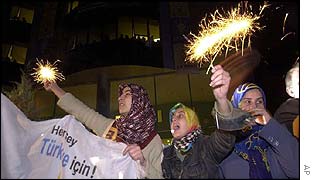 Supporter cheer Recep Tayyip Erdogan in Ankara