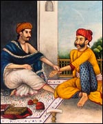 Traditional doctor (L) treating Indian patient (painting from Wellcome Institute library)