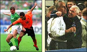 Roy Keane is magnificent as Ireland beat Holland 1-0 but he is missing in Tehran as the Republic squeeze through