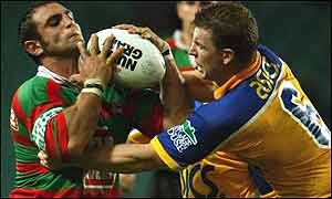 Anthony Colella #11 of the Rabbitohs looks to offload during the Round 6 NRL match between the South Sydney Rabbitohs and the Parramatta Eels 