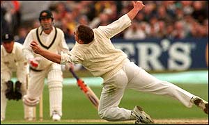 Darren Gough dismisses Aussie captain Mark Taylor caught and bowled