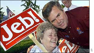 Florida Governor Jeb Bush with a supporter holding a placard in Florida