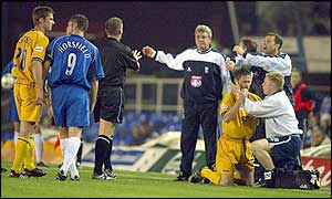 Angry scenes as Birmingham striker Geoff Horsfield is sent off
