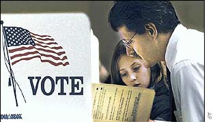 A 10-year-old girl watches as her father votes in Mount Vernon, Washington. 