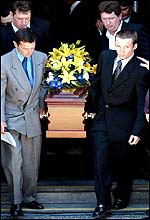 Damien Oliver (front right) was among the pallbearers at his brother's funeral