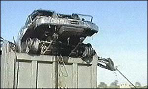 Wreckage of jeep destroyed in missile strike