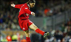 Berger hammers home a 35-yard free-kick to give Liverpool a 1-0 lead at half-time