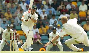 Hayden hammers a boundary past a despairing Matthew Hoggard