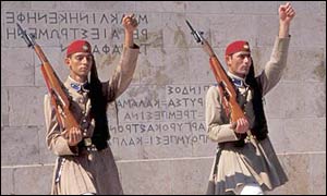 Greece's ceremonial military guards outside parliament in Athens