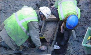 Workers cutting the keel