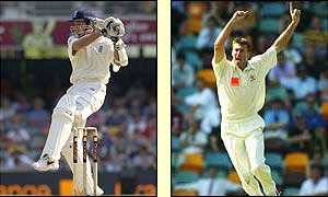 Michael Vaughan (left) is going well before being caught off the bowling of Glenn McGrath
