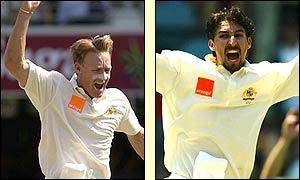 Andy Bichel dismisses Ashley Giles while Jason Gillespie claims the wicket of Alec Stewart as England are bowled out for 325