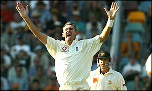 Andrew Caddick celebrates taking Ricky Ponting's wicket
