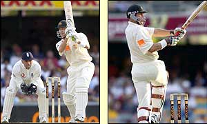 Damien Martyn (left) and Matthew Hayden take control at the Gabba