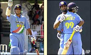 Indian skipper Sourav Ganguly waves to the crowd after reaching his fifty