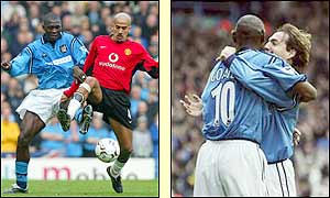 Marc Vivien Foe attacks as Shaun Goater's second goal puts Manchester City further ahead