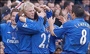 Eidur Gudjohnsen (second left) was under pressure to score
