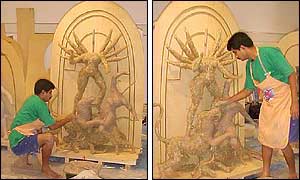 Straw is used to create the outline of the statues 